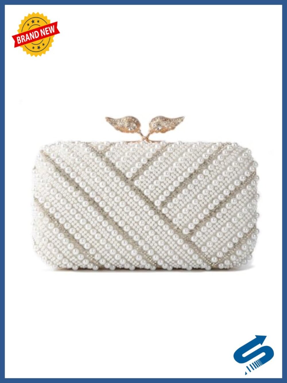 Pearl Rhinestone Evening Clutch Angel Wings Formal Purse Detachable Chain